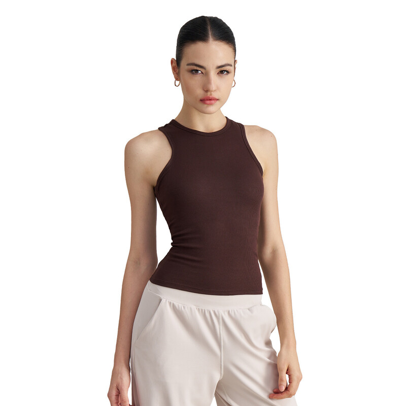 Ērta, rievota, bezpiedurkņu, sviesta, mīksta sieviešu virspuse ar augstu kakla izgriezumu, slaida, ikdienas vidukļa garuma joga skriešanas veste četros virzienos.