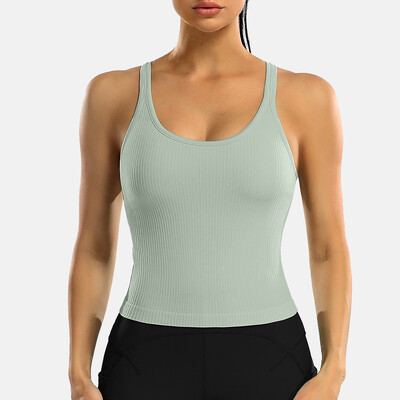 Attraco Tricouri sport pentru femei, cu decolteu în U, cu spate curse, slim, cu căptușire, cu elasticitate ridicată, pentru alergare, yoga, ciclism