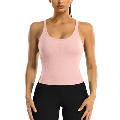 Attraco Tricouri sport pentru femei, cu decolteu în U, cu spate curse, slim, cu căptușire, cu elasticitate ridicată, pentru alergare, yoga, ciclism