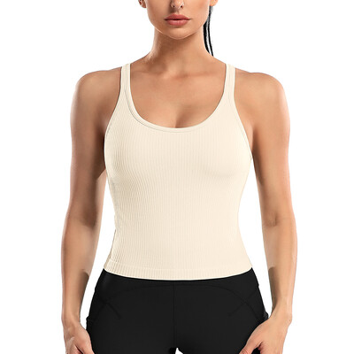 Attraco Tricouri sport pentru femei, cu decolteu în U, cu spate curse, slim, cu căptușire, cu elasticitate ridicată, pentru alergare, yoga, ciclism