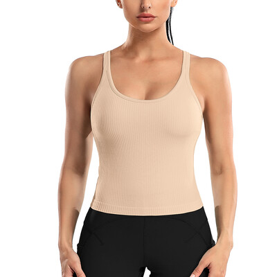 Attraco Tricouri sport pentru femei, cu decolteu în U, cu spate curse, slim, cu căptușire, cu elasticitate ridicată, pentru alergare, yoga, ciclism