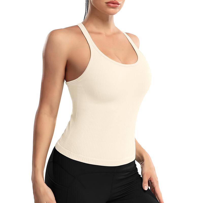 Attraco Tricouri sport pentru femei, cu decolteu în U, cu spate curse, slim, cu căptușire, cu elasticitate ridicată, pentru alergare, yoga, ciclism