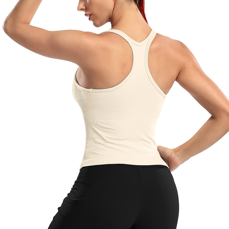 Attraco Tricouri sport pentru femei, cu decolteu în U, cu spate curse, slim, cu căptușire, cu elasticitate ridicată, pentru alergare, yoga, ciclism