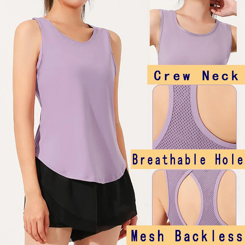 PofyBofy plasă, fără spate, decolteu, fără mâneci, cu uscare rapidă, cămașă elastică ușoară pentru femei, fitness, yoga, alergare, Pilates, maiuri sport