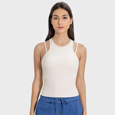 SHINBENE Vestă sport cu spate în L, cu pernă pentru piept, cu senzație goală, cu nervuri verticale, pentru femei