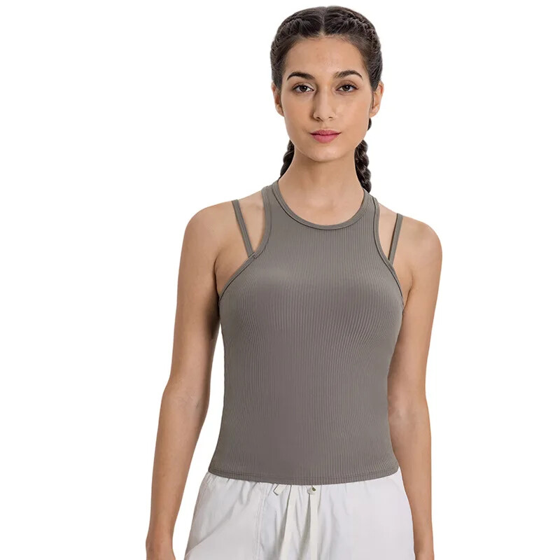 SHINBENE Vestă sport cu spate în L, cu pernă pentru piept, cu senzație goală, cu nervuri verticale, pentru femei