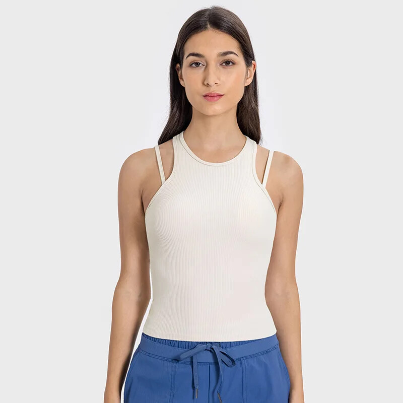 SHINBENE Vestă sport cu spate în L, cu pernă pentru piept, cu senzație goală, cu nervuri verticale, pentru femei