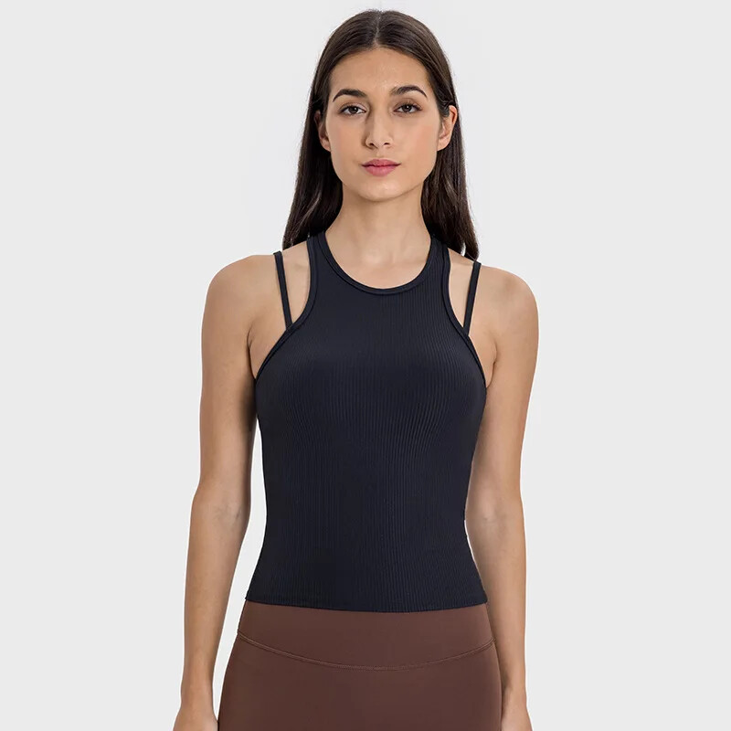 SHINBENE Vestă sport cu spate în L, cu pernă pentru piept, cu senzație goală, cu nervuri verticale, pentru femei