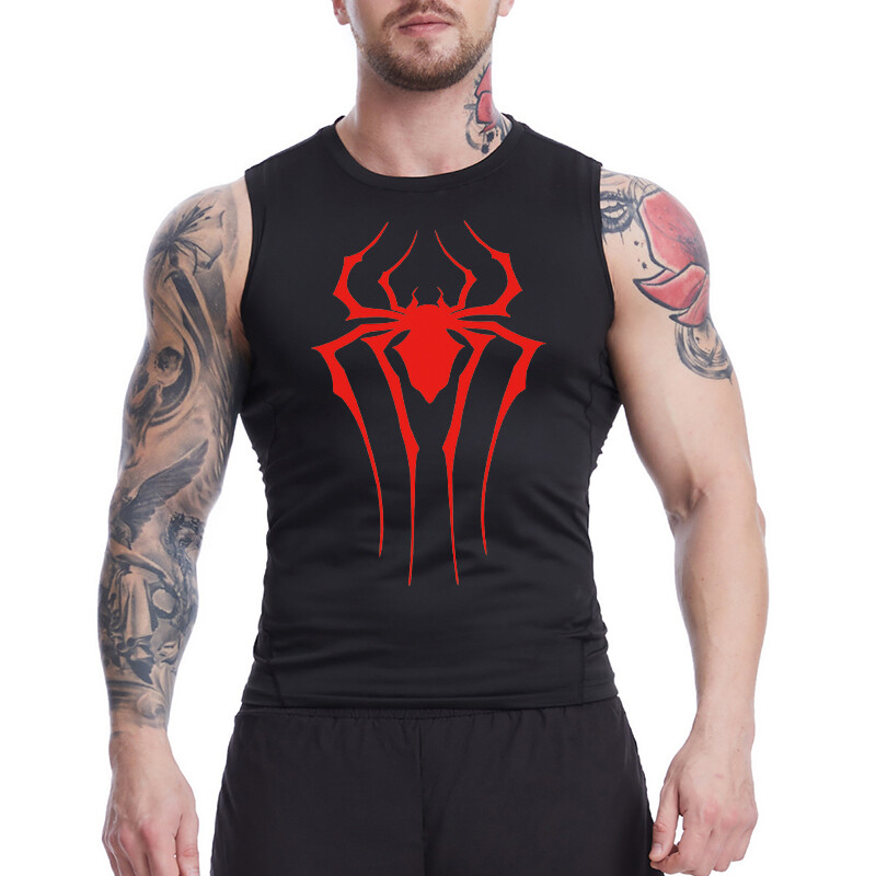 Cămașă de compresie fără mâneci cu grafic păianjen pentru bărbați, maiuri cu uscare rapidă pentru atletism de vară, antrenament de gimnastică, vestă de alergare, tricouri, strat de bază