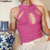 INCERUN 2025 m. amerikietiško stiliaus mados vyriškos megztos tuščiavidurio dizaino liemenės, laisvalaikio gatvių apranga, solidžios, pusiau aukšto kaklo viršutinės dalies S-5XL