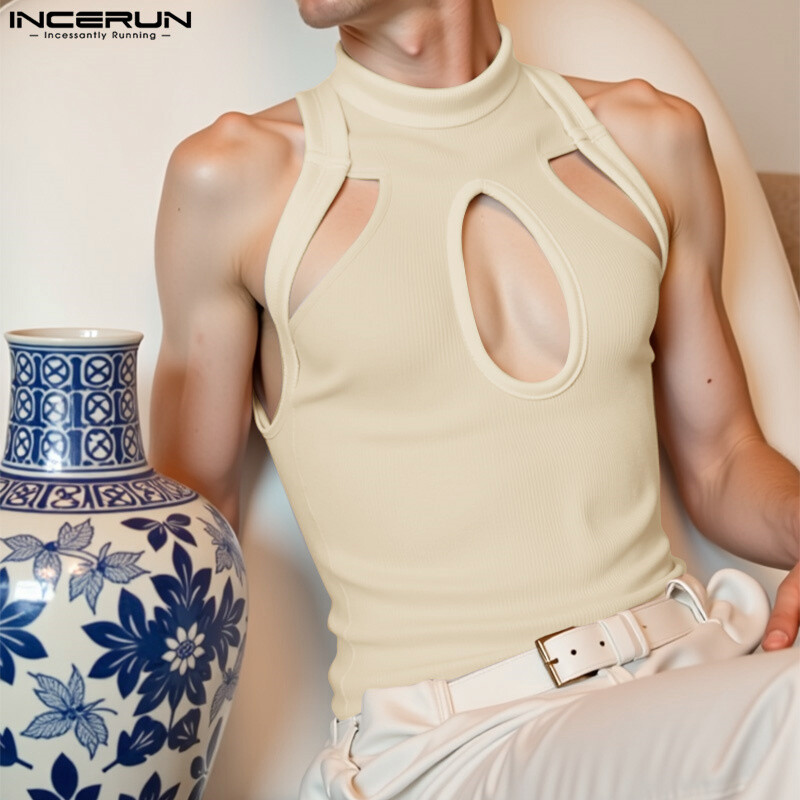 INCERUN 2025 m. amerikietiško stiliaus mados vyriškos megztos tuščiavidurio dizaino liemenės, laisvalaikio gatvių apranga, solidžios, pusiau aukšto kaklo viršutinės dalies S-5XL