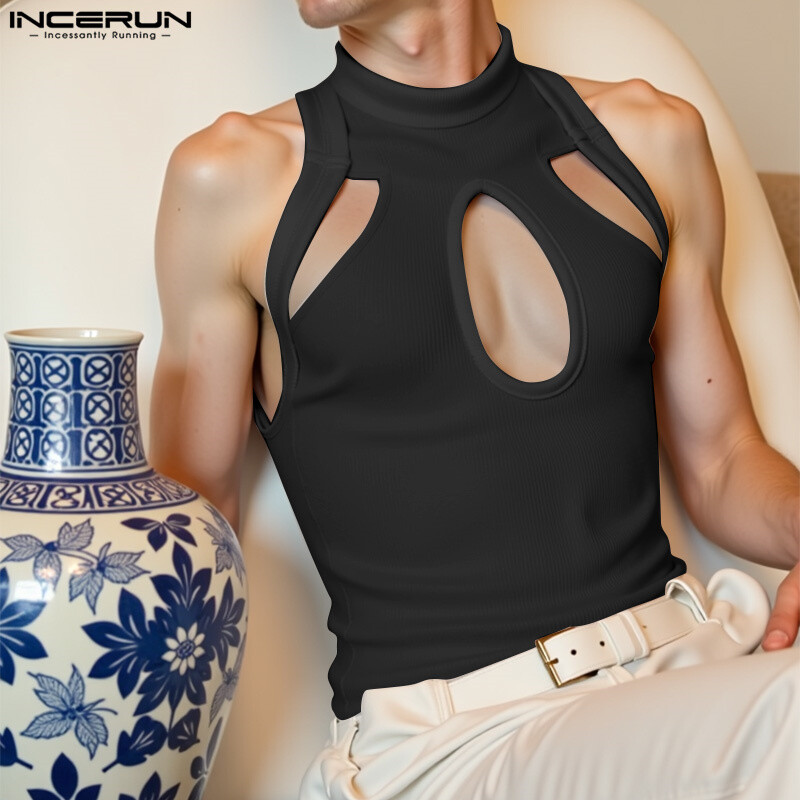 INCERUN 2025 m. amerikietiško stiliaus mados vyriškos megztos tuščiavidurio dizaino liemenės, laisvalaikio gatvių apranga, solidžios, pusiau aukšto kaklo viršutinės dalies S-5XL