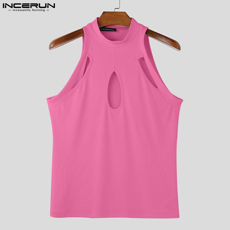 INCERUN 2025 m. amerikietiško stiliaus mados vyriškos megztos tuščiavidurio dizaino liemenės, laisvalaikio gatvių apranga, solidžios, pusiau aukšto kaklo viršutinės dalies S-5XL