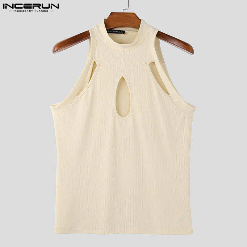 INCERUN 2025 m. amerikietiško stiliaus mados vyriškos megztos tuščiavidurio dizaino liemenės, laisvalaikio gatvių apranga, solidžios, pusiau aukšto kaklo viršutinės dalies S-5XL