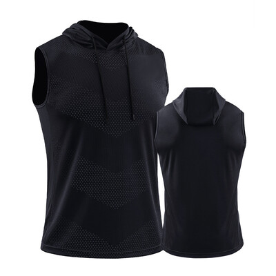 Vyrų bėgimo liemenė su gobtuvu Nauji vasaros sporto salės treniruokliai be rankovių marškinėliai ledo šilko kūno rengybai kūno rengybos viršutinės dalies elastingi treniruočių viršus su gobtuvu