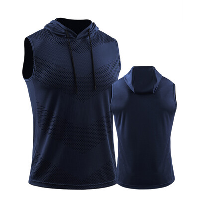 Vyrų bėgimo liemenė su gobtuvu Nauji vasaros sporto salės treniruokliai be rankovių marškinėliai ledo šilko kūno rengybai kūno rengybos viršutinės dalies elastingi treniruočių viršus su gobtuvu