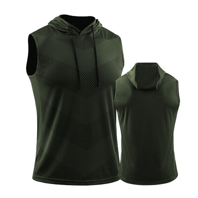 Vyrų bėgimo liemenė su gobtuvu Nauji vasaros sporto salės treniruokliai be rankovių marškinėliai ledo šilko kūno rengybai kūno rengybos viršutinės dalies elastingi treniruočių viršus su gobtuvu