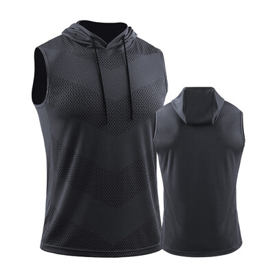 Vyrų bėgimo liemenė su gobtuvu Nauji vasaros sporto salės treniruokliai be rankovių marškinėliai ledo šilko kūno rengybai kūno rengybos viršutinės dalies elastingi treniruočių viršus su gobtuvu
