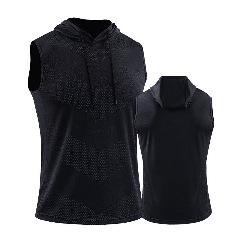 Vyrų bėgimo liemenė su gobtuvu Nauji vasaros sporto salės treniruokliai be rankovių marškinėliai ledo šilko kūno rengybai kūno rengybos viršutinės dalies elastingi treniruočių viršus su gobtuvu