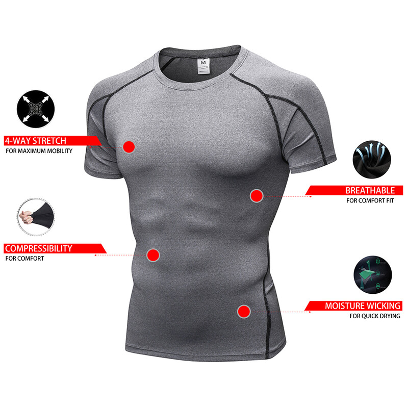 Kompresijas apakškrekli vīriešiem ar īsām piedurknēm ātri izžūst sporta zāles treniņu bāzes slāņa T krekls skriešanas basketbola sporta zeķubikses