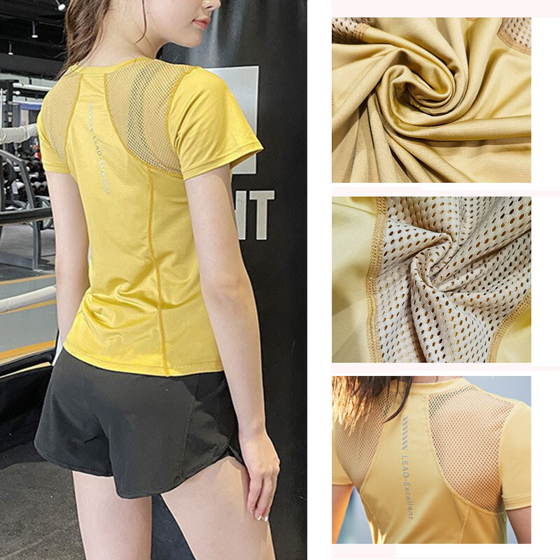 PofyBofy, cu uscare rapidă, cu plasă respirabilă, îmbinare, cu benzi reflectorizante, elastice la spate, cu mânecă scurtă, pentru femei, tricou sport pentru yoga pentru sală