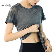 PofyBofy Бързосъхнеща дишаща мрежеста тениска с кръгло деколте Slim Fit Разтегливи къси ръкави Дамска тениска за йога Фитнес тренировъчни блузи
