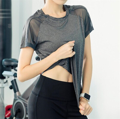 PofyBofy Бързосъхнеща дишаща мрежеста тениска с кръгло деколте Slim Fit Разтегливи къси ръкави Дамска тениска за йога Фитнес тренировъчни блузи