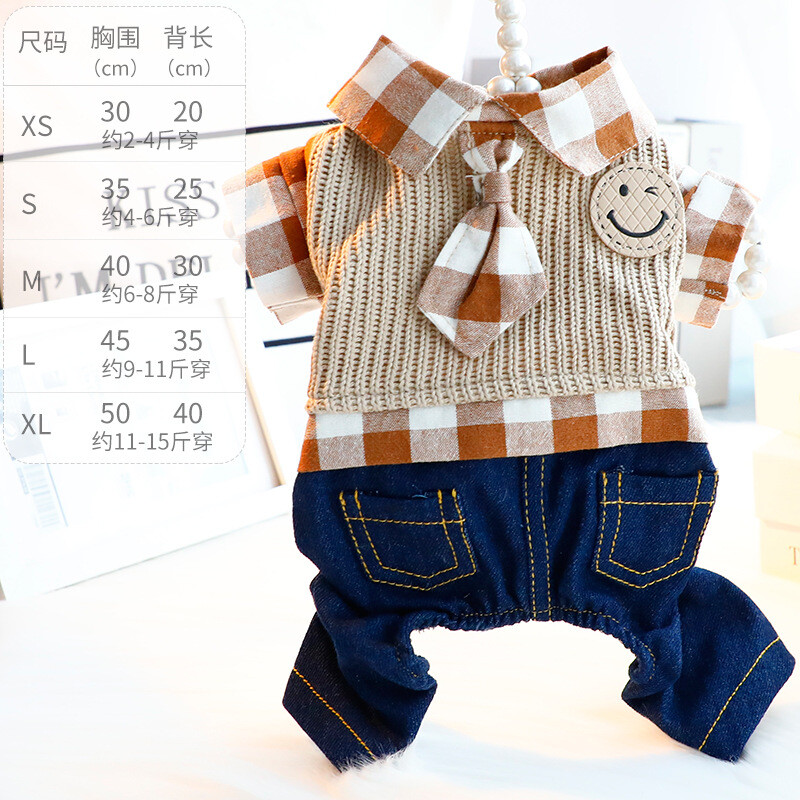 Drabužiai šuniui, pavasariniai ir rudeniniai drabužiai, džinsinis kostiumėlis su languotu kaklaraiščiu su besišypsančiu veidu, gražus keturkojis mažas šuo Teddy pet 
