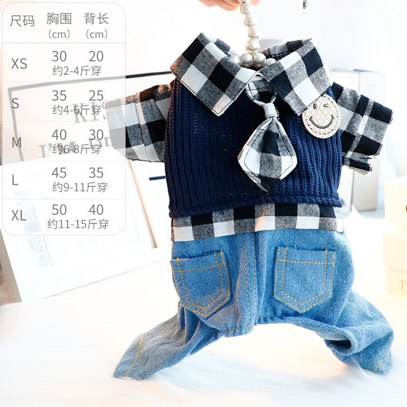 Drabužiai šuniui, pavasariniai ir rudeniniai drabužiai, džinsinis kostiumėlis su languotu kaklaraiščiu su besišypsančiu veidu, gražus keturkojis mažas šuo Teddy pet 