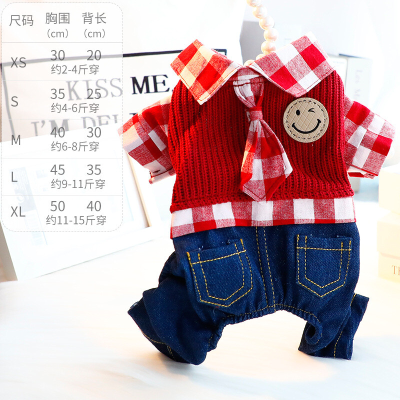 Drabužiai šuniui, pavasariniai ir rudeniniai drabužiai, džinsinis kostiumėlis su languotu kaklaraiščiu su besišypsančiu veidu, gražus keturkojis mažas šuo Teddy pet 