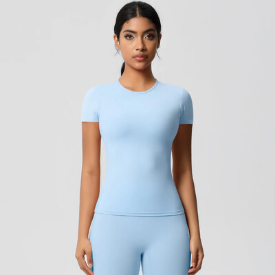 Jauns sieviešu skriešanas sporta T krekls vasaras īsām piedurknēm ar apaļu kaklu, elpojošs, elastīgs GYM Yoga Slim Fitness Active Top T krekls