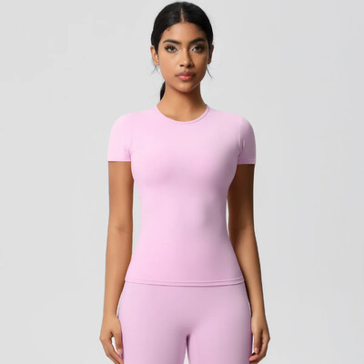 Jauns sieviešu skriešanas sporta T krekls vasaras īsām piedurknēm ar apaļu kaklu, elpojošs, elastīgs GYM Yoga Slim Fitness Active Top T krekls