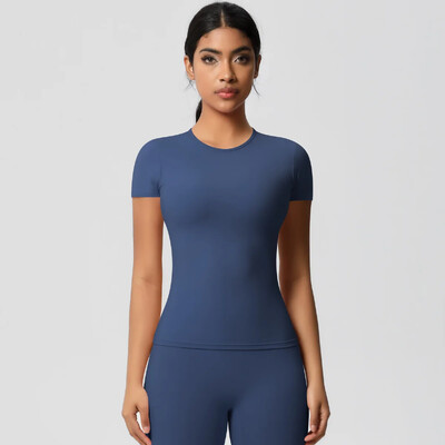 Jauns sieviešu skriešanas sporta T krekls vasaras īsām piedurknēm ar apaļu kaklu, elpojošs, elastīgs GYM Yoga Slim Fitness Active Top T krekls