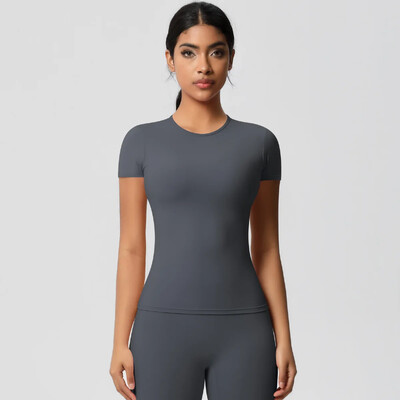 Jauns sieviešu skriešanas sporta T krekls vasaras īsām piedurknēm ar apaļu kaklu, elpojošs, elastīgs GYM Yoga Slim Fitness Active Top T krekls