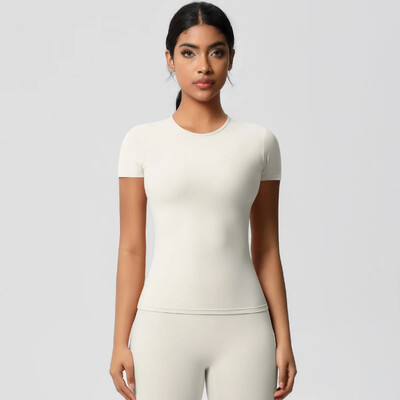 Jauns sieviešu skriešanas sporta T krekls vasaras īsām piedurknēm ar apaļu kaklu, elpojošs, elastīgs GYM Yoga Slim Fitness Active Top T krekls