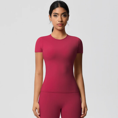 Jauns sieviešu skriešanas sporta T krekls vasaras īsām piedurknēm ar apaļu kaklu, elpojošs, elastīgs GYM Yoga Slim Fitness Active Top T krekls