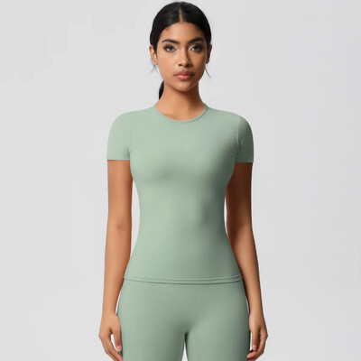 Jauns sieviešu skriešanas sporta T krekls vasaras īsām piedurknēm ar apaļu kaklu, elpojošs, elastīgs GYM Yoga Slim Fitness Active Top T krekls