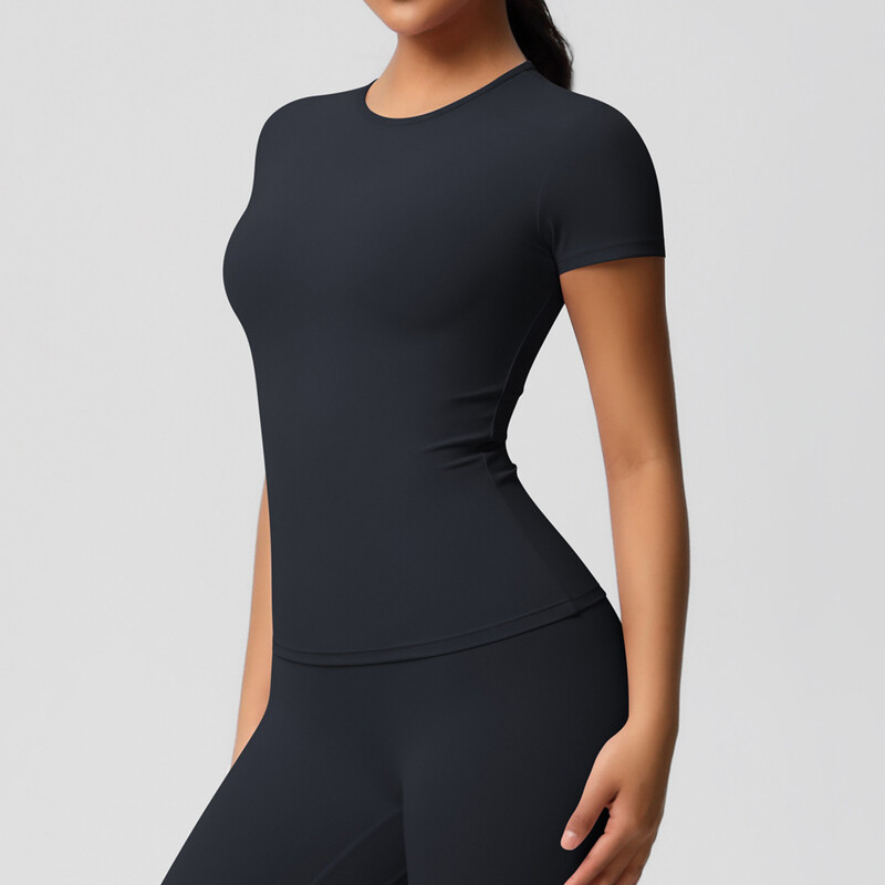 Jauns sieviešu skriešanas sporta T krekls vasaras īsām piedurknēm ar apaļu kaklu, elpojošs, elastīgs GYM Yoga Slim Fitness Active Top T krekls