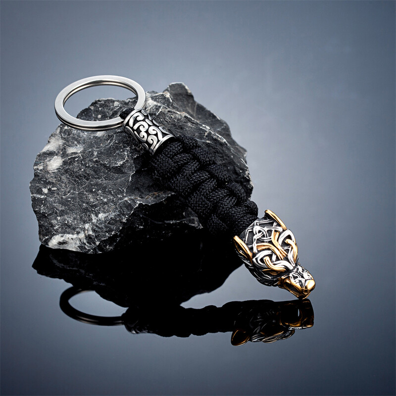 Bărbați punk, vikingi, cap de lup, breloc de supraviețuire, din oțel inoxidabil, lup celtic nordic, breloc de frânghie paracord, bijuterii lucrate manual