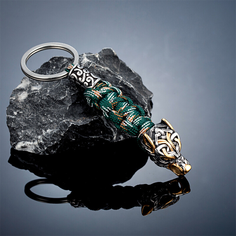 Bărbați punk, vikingi, cap de lup, breloc de supraviețuire, din oțel inoxidabil, lup celtic nordic, breloc de frânghie paracord, bijuterii lucrate manual