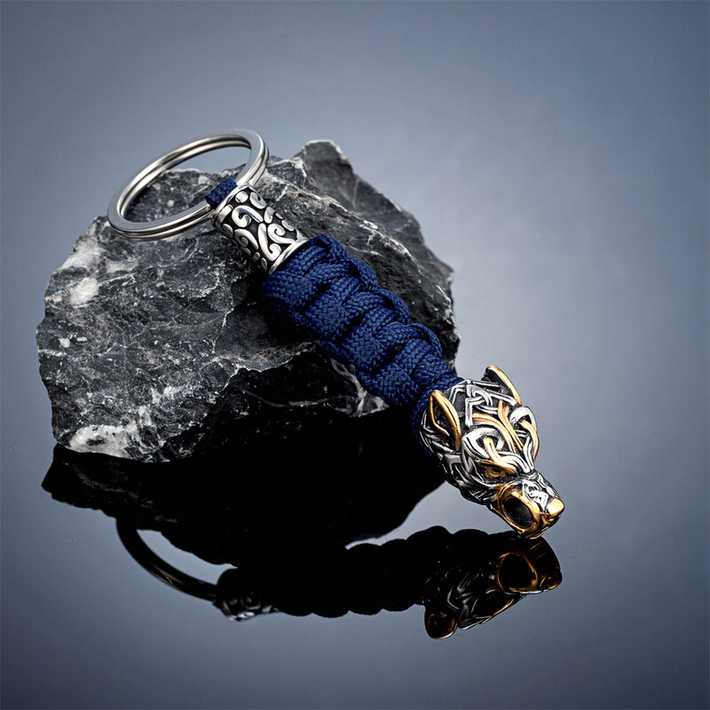 Bărbați punk, vikingi, cap de lup, breloc de supraviețuire, din oțel inoxidabil, lup celtic nordic, breloc de frânghie paracord, bijuterii lucrate manual