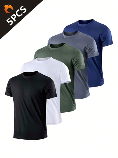 5 bucăți tricou sport pentru bărbați, color uni, ultraușor, cu uscare rapidă, top ușor, respirabil, pentru antrenament fitness, antrenament, alergare, sală de gimnastică