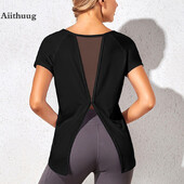 „Aiithuug Yoga“ trumpomis rankovėmis palaidinė, kvėpuojanti, kvėpuojanti nugara Seksuali nugara, vėsi, greitai džiūstanti nugarinė treniruočių marškinėliai „Gimnastikos salė“