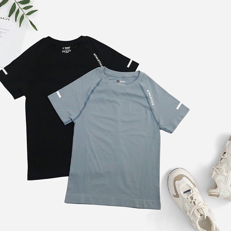 Sieviešu bezšuvju Jogas krekls Sieviešu fitnesa 2 daļīgs augšējais treniņu trenažieru krekli Atlētiski īsām piedurknēm jogas T-krekli ar burtiem