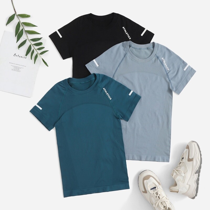 Sieviešu bezšuvju Jogas krekls Sieviešu fitnesa 2 daļīgs augšējais treniņu trenažieru krekli Atlētiski īsām piedurknēm jogas T-krekli ar burtiem