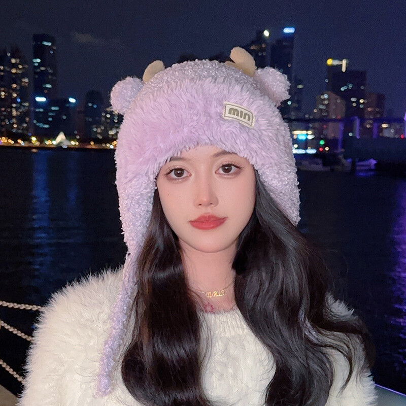 2024 Pălărie de pluș de iarnă cu protecție pentru urechi, căciulă universală drăguță din lână tricotată, cu coarne de cerb, pentru femei 8392