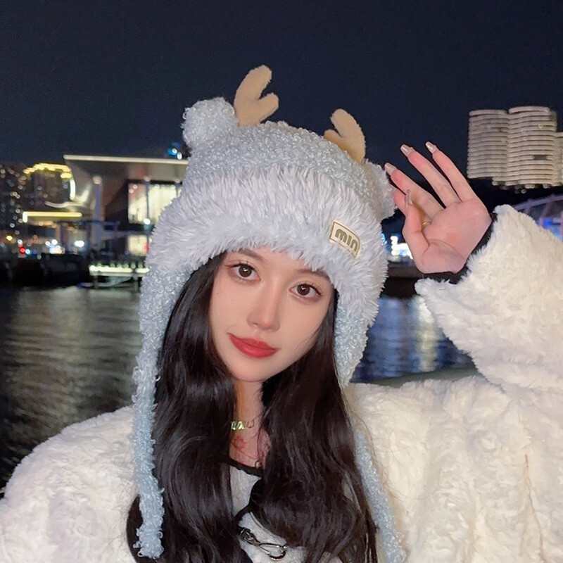 2024 Pălărie de pluș de iarnă cu protecție pentru urechi, căciulă universală drăguță din lână tricotată, cu coarne de cerb, pentru femei 8392