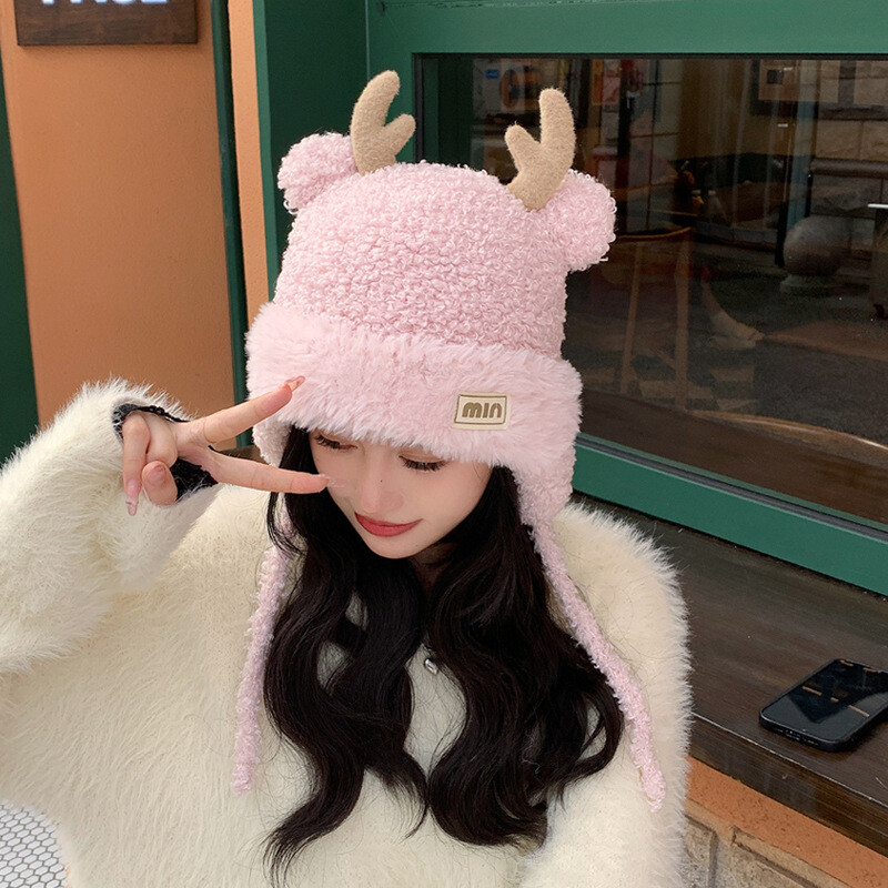 2024 Pălărie de pluș de iarnă cu protecție pentru urechi, căciulă universală drăguță din lână tricotată, cu coarne de cerb, pentru femei 8392