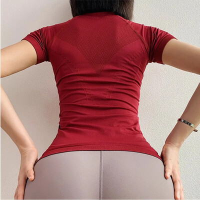 Moteriški tamprūs kūno rengybos marškinėliai Moteriški sportiniai lauke, siauri trumpomis rankovėmis, bėgimo salė, greitai džiūstantys, kvėpuojantys trumpi jogos marškinėliai