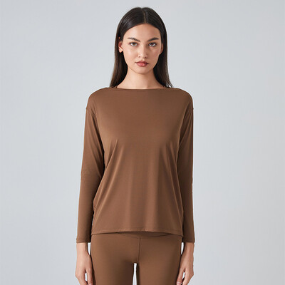 Moteriški pavasario ir rudens laisvi jogos drabužiai, nuogai ir odai tinkami ploni kūno rengybos sportiniai marškinėliai ilgomis rankovėmis.